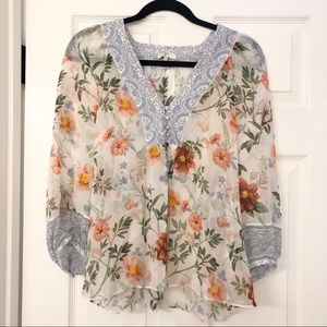 Joie Floral with Blue Paisley Collar Silk Blouse